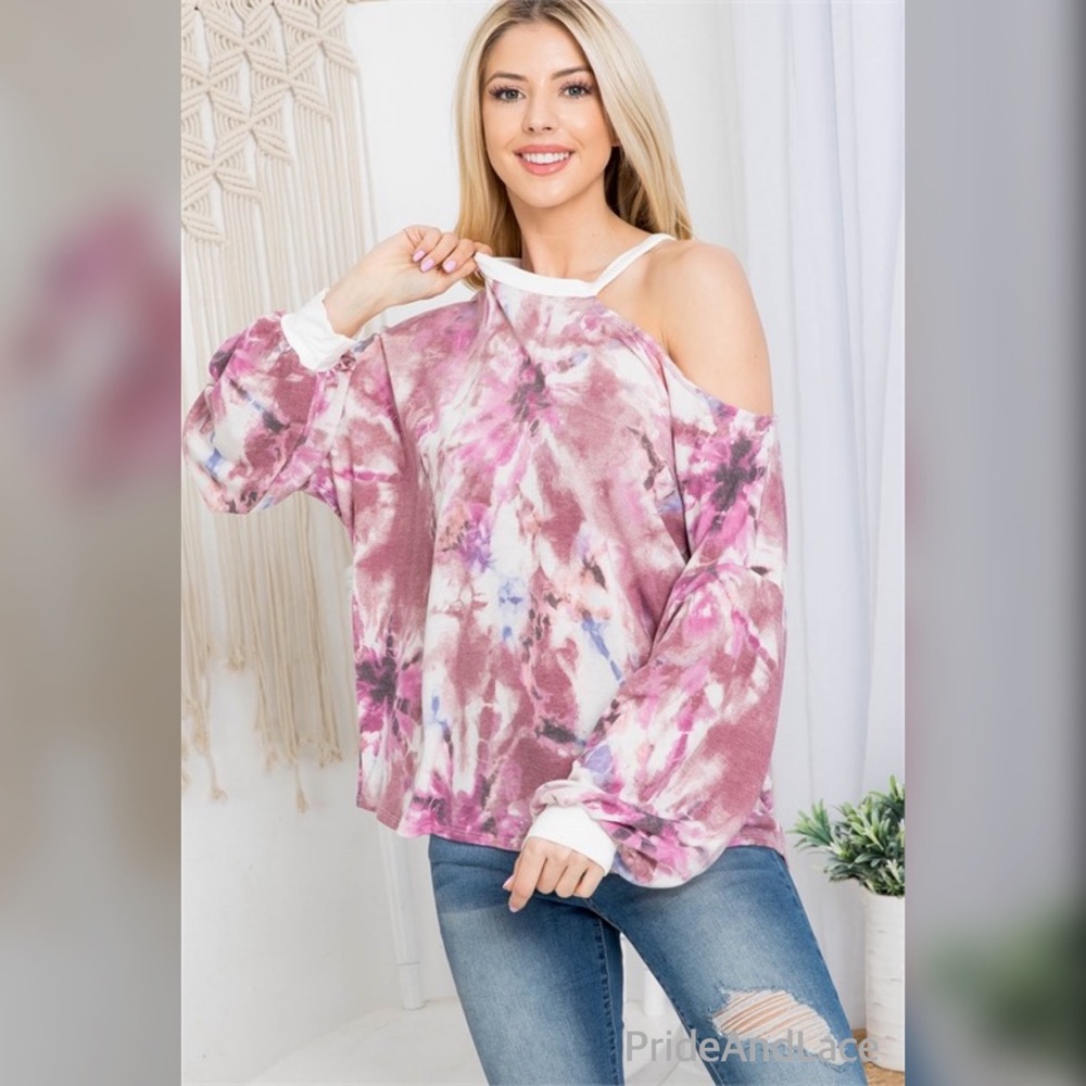 MAUVE TIE DYE ONE SIDE COLD SHOULDER CUFFED LONG SLEEVE TOP